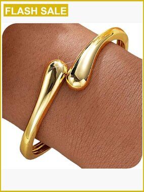 14K Gold Plated Adjustable Bangle Bracelet, Chunky Twist Cuff, 7.5" Size